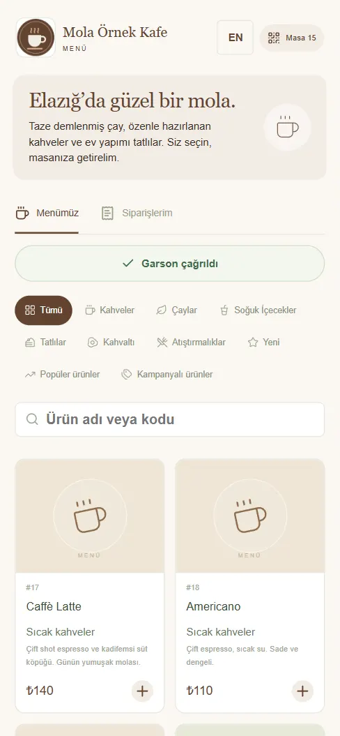 Müşterinin telefonunda açılan QR menü: fotoğraflı ürünler ve sepet